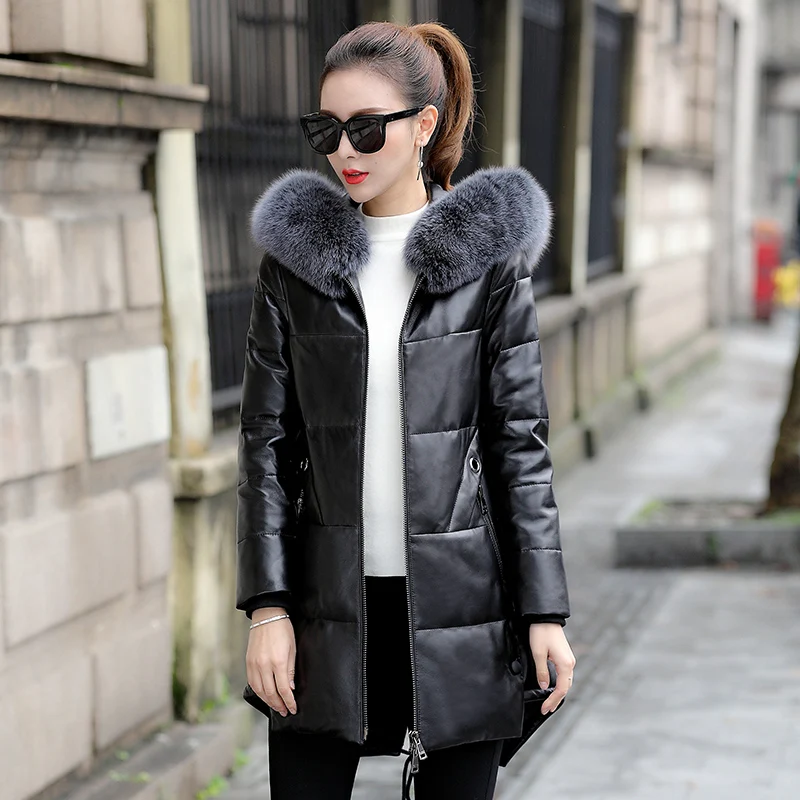 AYUNSUE, настоящая кожаная куртка, зимнее пальто, женский пуховик с воротником из натурального Лисьего меха, Женское пальто из овчины размера плюс, Veste Femme Z18067 - Цвет: black