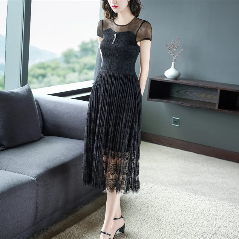 

Elegant Women High Quality Pleated Dress Short Sleeve Solid Color Mesh Lace Dresses Ladies Summer Dress Midi Vestidos