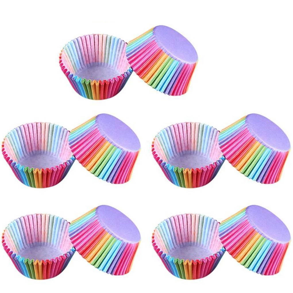 100 Pcs Rainbow Color Cupcake Paper Liners Paper Baking Cup Muffin Cases Cake Molds Cake Topper Baking Tray