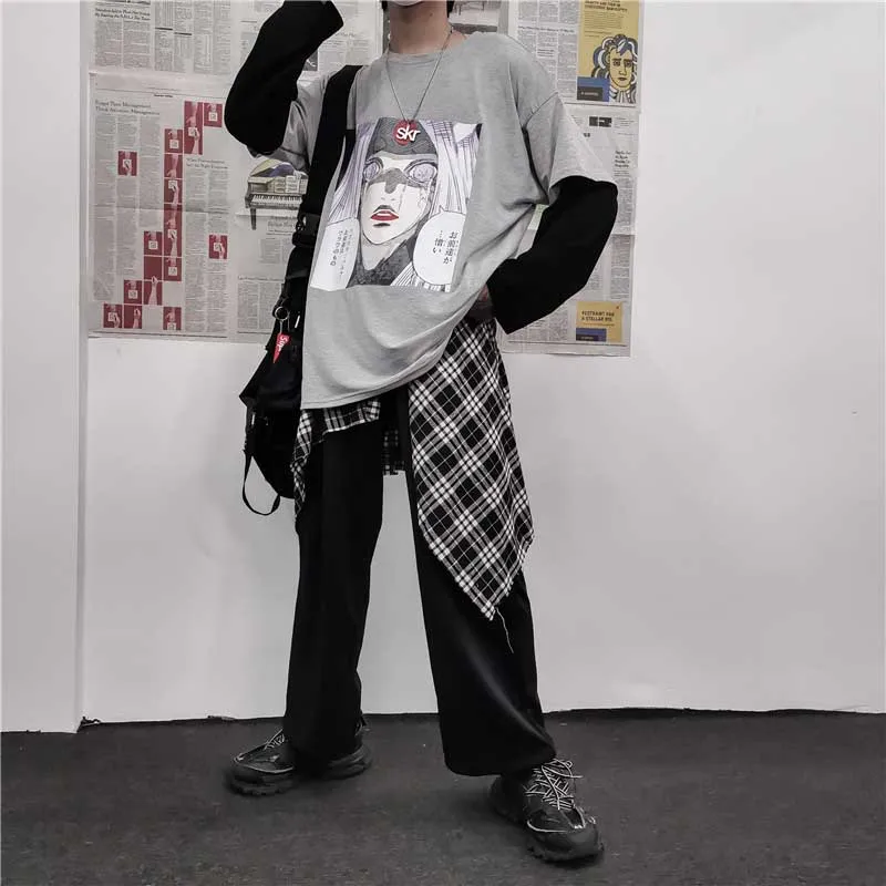 NiceMix Harajuku футболка Женская Лоскутная поддельная 2 шт. принт буквы комиксы Свободная рубашка с длинным рукавом женская уличная