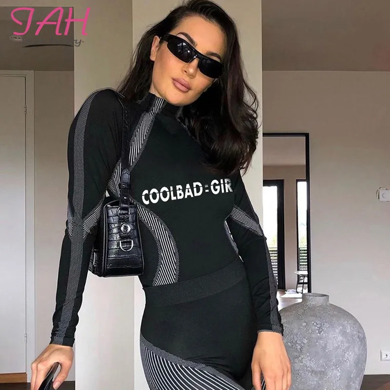 

Iamhotty Letter Print Striped Body Suits For Women 2019 Basic Casual Femme Long Sleeve Bodysuit Half Turtleneck Bodycon Jumpsuit