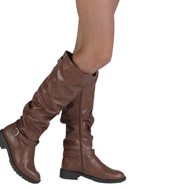 

Winter Shoes Woman Gothic Leather Winter Boots Women Knee High Mid-Calf Boots Ladies Women Winter Low Heels Shoes cuissarde D20