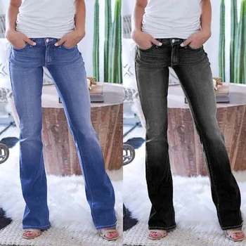 

All Weather Women Denim Wear Clothing Plain Long Flare Pants Black Blue Flare Jeans Ladies Casual Club Wear
