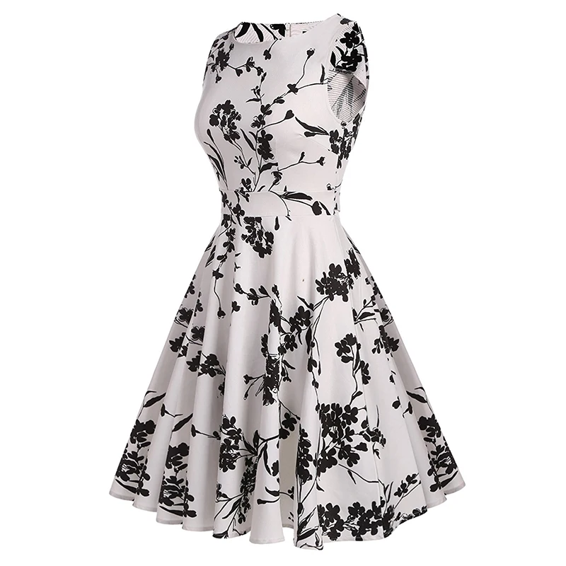 Kostlish Cotton Summer Dress Women 2017 Sleeveless Tunic 50s Vintage Dress Belt Elegant Print Rockabilly Party Dresses Sundress (76)