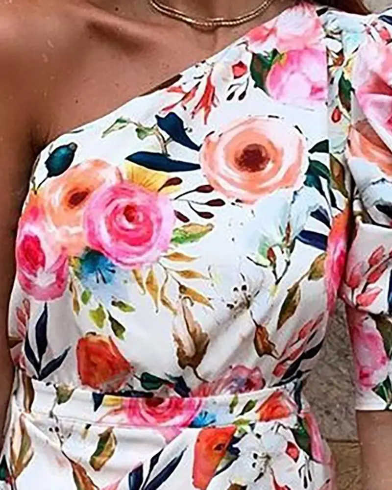 Одно плечо Цветочные печати Bodycon платье для женщин