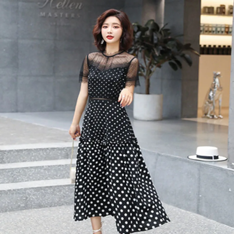 

Plus Size XXL Long Lace Dot Chiffon Dress O-neck Short Sleeves Sexy Dress Robe Femme Women Elagant Dress Party Dress A269