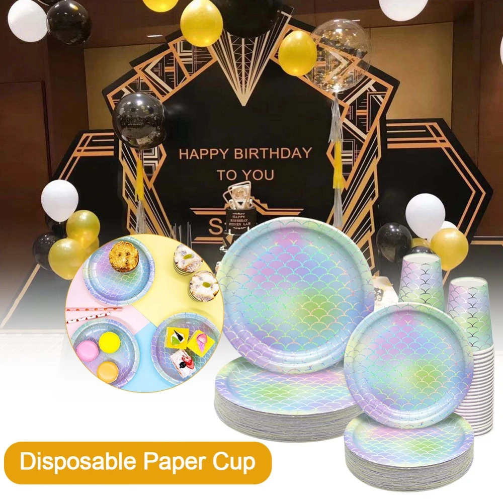 

24 PCS Cutlery Set Hot Silver Mermaid Paper Towel Paper Cup Tray Set For Birthday Party Wedding Anniversary Decoration 5