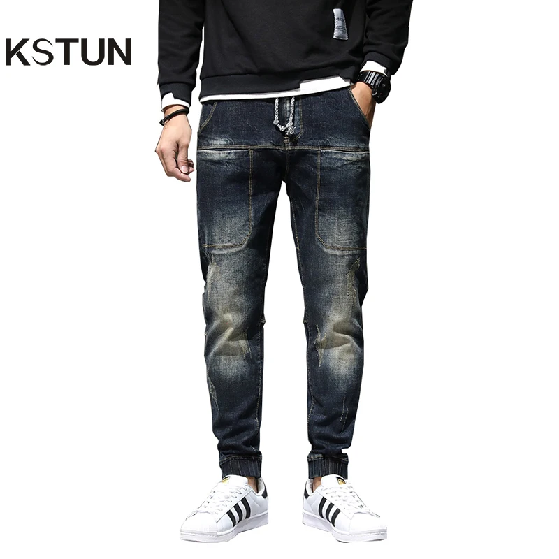 Joggers Jeans Denm-Pants Tapered Hiphop Front-Pockets Elastic-Waist Streetwear Autumn