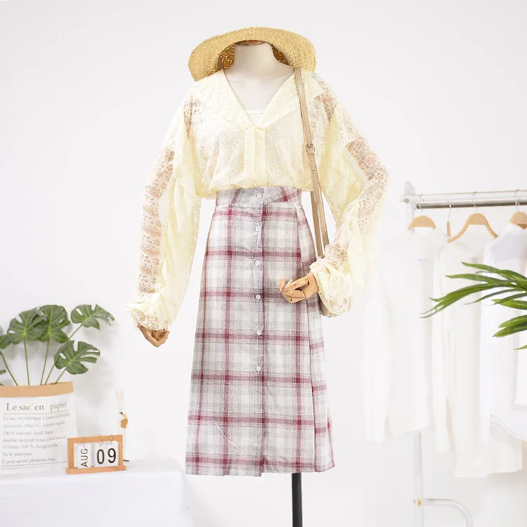 

Versatile Skirt Women's Spring Korean-style 2019 High-waisted Plaid Skirt-Style New Style