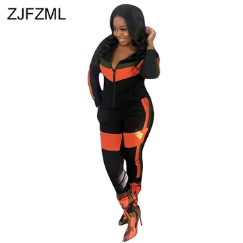 

Contrast Color Causal Two Piece Matching Sets Women Long Sleeve Zipper Front Crop Jacket + Long Trousers Winter Plus Size Set