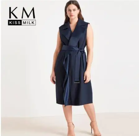 

Kissmilk Plus Size Women Clothes Personalized Waistband Sleeveless British Style Solid Color Windbreaker