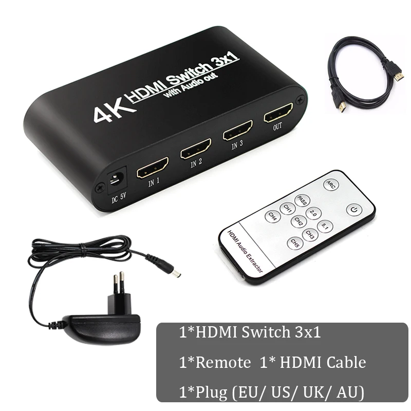 2 шт. стиль 3x1 Swticher HDMI 4K Аудио экстрактор с пультом дистанционного управления для DVD PC