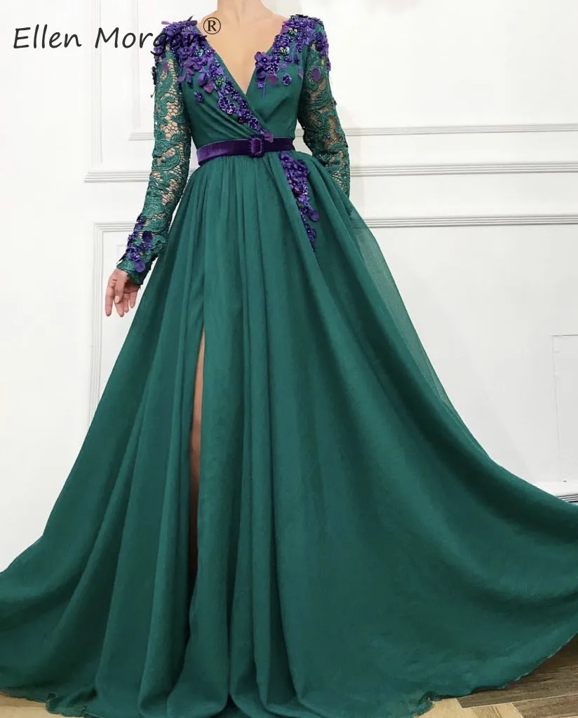 Color as picture Мусульманские шифоновые вечерние платья с арабским разрезом, Vestidos De Gala, длинные рукава, кружевные цветы, v-образный вырез, пояс, ТРАПЕЦИЕВИДНОЕ вечернее платье - Цвет: Color as picture
