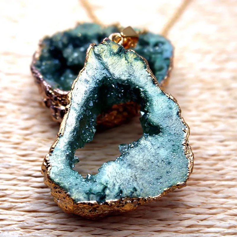 2020 New Natural Irregular Rock Druzy Stone Pendant Necklaces Crystal Agate Geode Slice Necklace