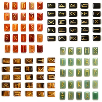 

25pcs/lot Natural Stone Viking Runes Amulet Set Reiki Healing Crystals Divination Tumbled rectangle Stones