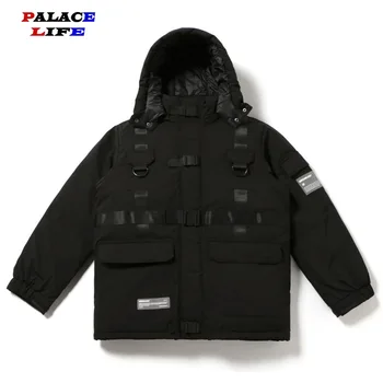 

Men Hip Hop Hooded Jackets Winter 2020 Men Streetwear Jacket Parkas Button Ribbon Cotton Plus velvet to keep warm Jacker Coat