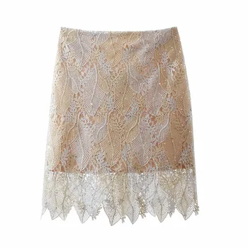 

Delicate feather lace women skirt autumn winter Hook flower hollow sequin lace package hip skirt sexy slim short pencil skirt