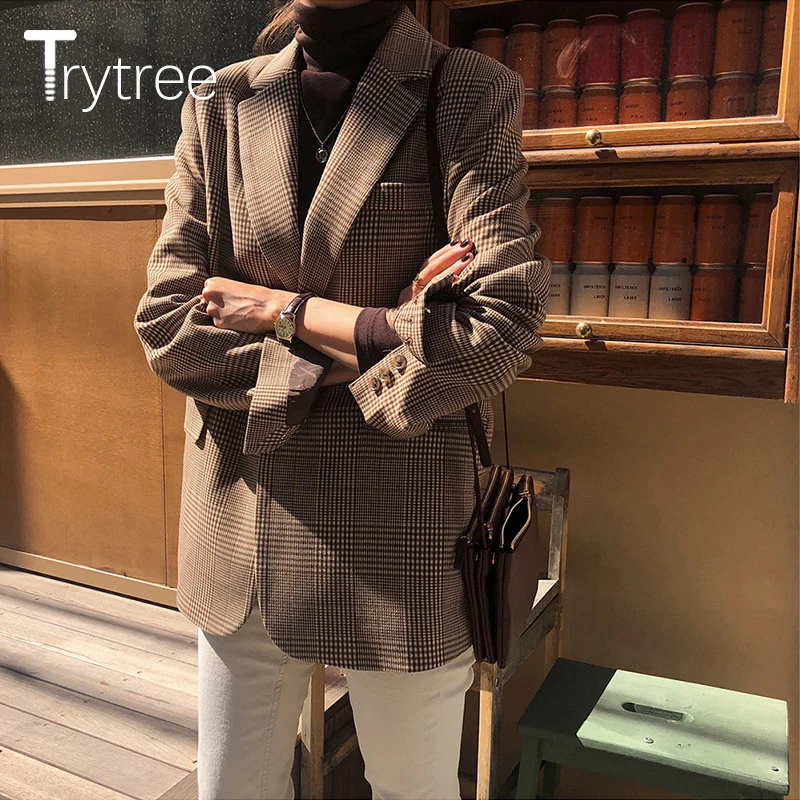 Trytree Autumn Winter Women Casual Coat Vintage Turn-down Collar Single Breasted Plaid Pockets Fashion Office Lady Suit Coat