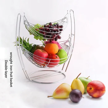 

Double Layer Fruit Basket Kitchen Home Wrought Iron Removable Large Capacity Fruit Tray Organizer Fruit Cradle-Silver