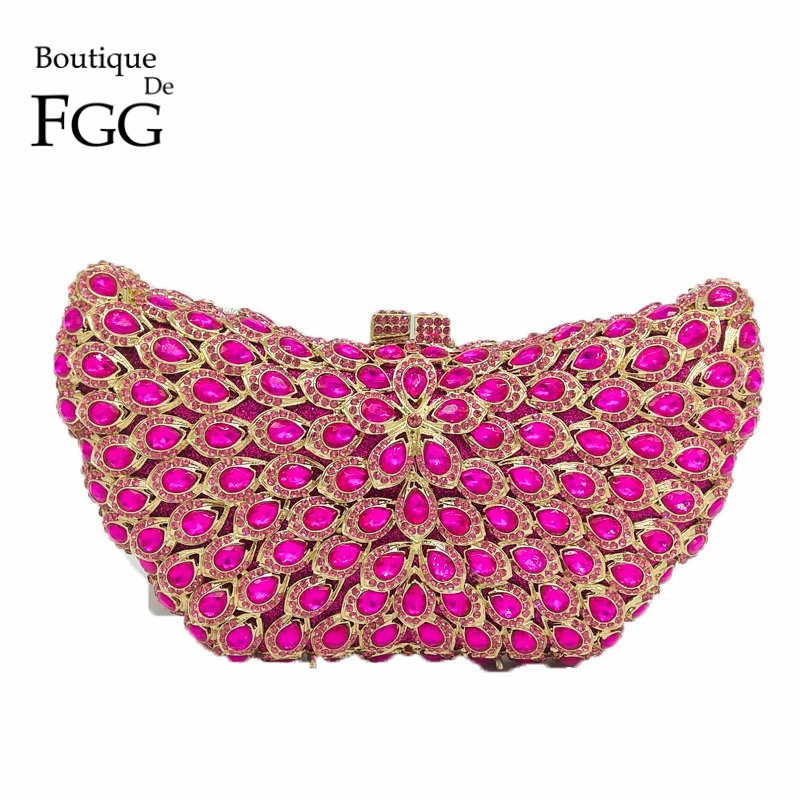 Женские вечерние сумки клатчи Boutique De FGG цвета фуксии с кристаллами бабочками