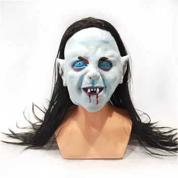 

New Prank Halloween Mask Bloody mouth Adult Latex Costume long hair Halloween Scary face Head Masks