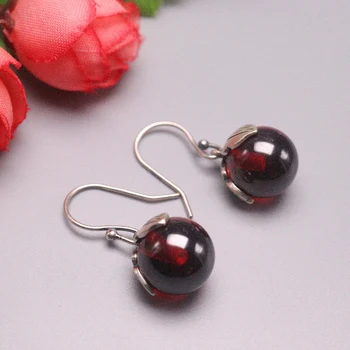 

New Arrival S925 Sterling Silver Earrings Women Luck Garnet Ball Dangle Earrings 28x13mm