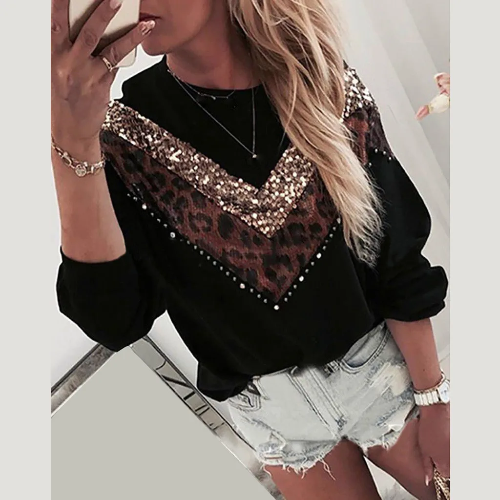 

Ladies Fashion Sequined Leopard Stitching Long Sleeve Round Neck Sweater Topp Blusas Mujer De Moda 2019 Korean Style Fashion F1