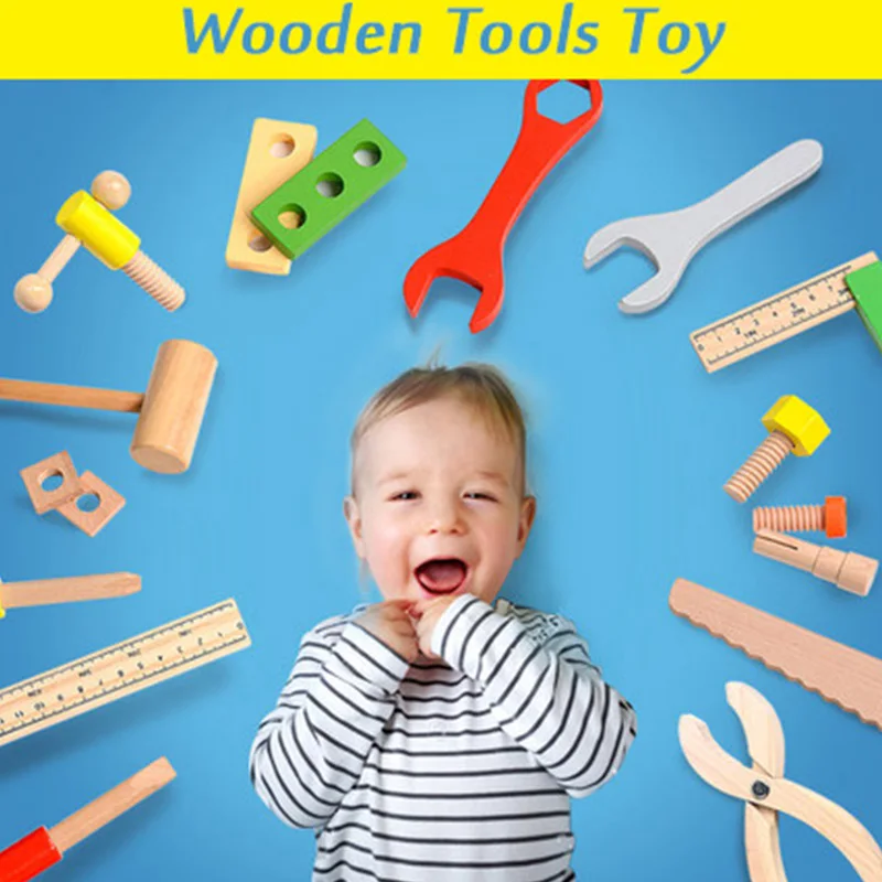  Wooden Tools Kit Set Toywood Simulation Toolbox Baby Nut Screw Pretend Play Educational Toys Montes