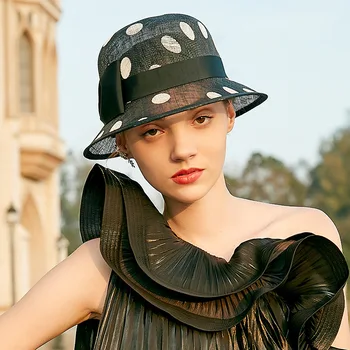 

Brand Royal Banquet Elegant Ladies Sinamay Sun Hat Classic Dot Floppy Brim Fedora Cap Summer Women Church Party Bow Women Hat