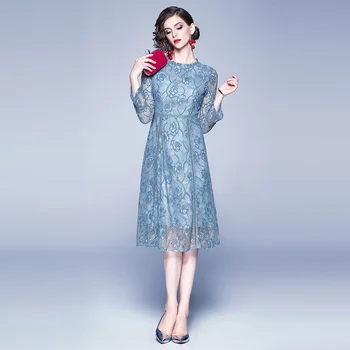 

Ladies Elegant Party Dresses New 2020 Spring Fashion Flare Sleeve Vintage Stand Collar Knee-length Women A-line Lace Dress X026