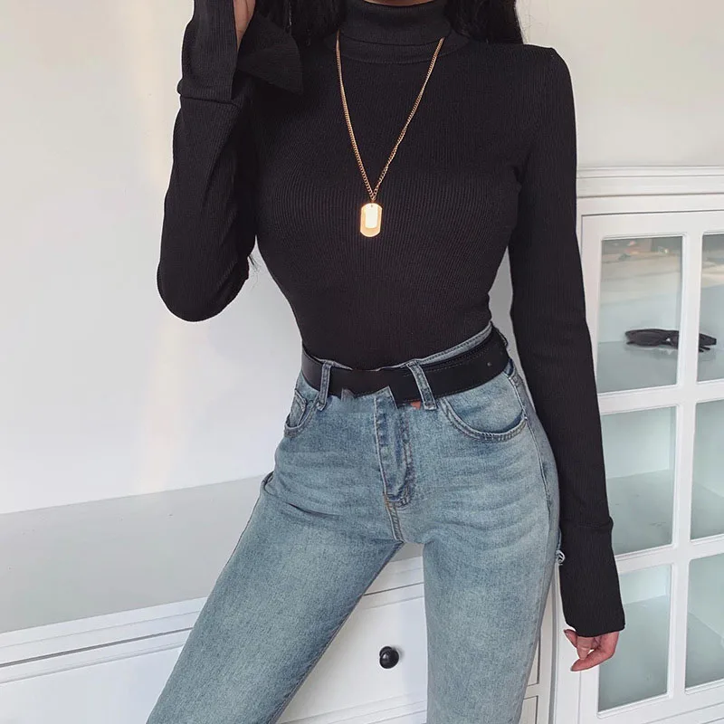 Fashion Harajuku Solid Autumn Women Top Full Sleelve Sweatshirts Slim Elastic Hot Pullovers