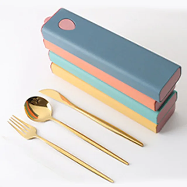 3PCs/4PCs Glossy Stainless Steel Tableware Spoon Fork Knife Straw Reusable Travel Cutlery Set Camp Utensils Set Portable Case C-Gold