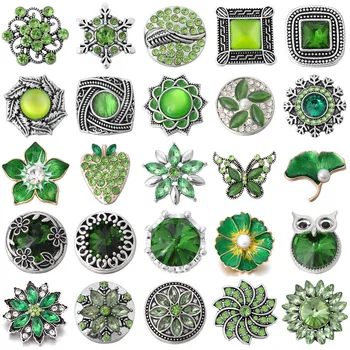 

6pcs/lot Snap Button Jewelry Green Rhinestone Flower Snap Buttons Fit 18mm Snap Bracelets Bangles DIY Jewelry