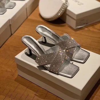 

Summer Shoes Women Crystal Slides Sliver Slippers New Arrival Zapatos De Mujer Square Toe Sandals Women Open Toe Slippers Ladies