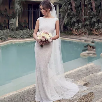 

Eightree Shiny Mermaid Wedding Dress Cap Sleeve O Neck Robe de soiree Deep V Backless Boho Wedding Gown Sweep Train Bride Dress