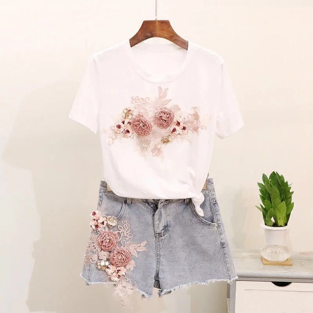 

Handmade color flowers DIY hand-stitched jeans skirt with cloth applique patch stickers personalized decorative embroidered