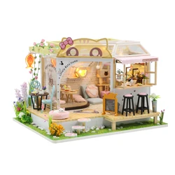 Maison de poupée Miniature avec meubles et lumière LED, Kit de café pour chat à monter soi même, pour cadeau romantique de saint valentin 