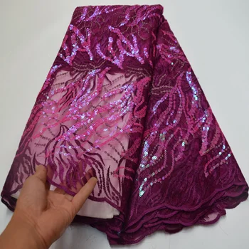 

(5yards/pc) Wonderful embroidered African French net lace fabric in deep fuchsia with shining sequins for party dress FLP253