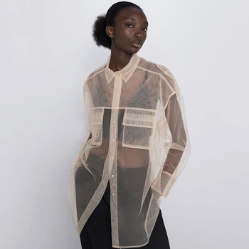 

2020 ZA Spring and Autumn New Tulle Shirt Women's Fashion Transparent Long Sleeved Llapel Pocket Decoration Long Shirt Hot Sale
