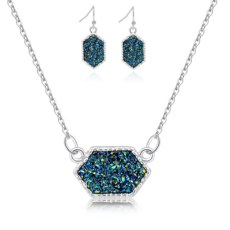 14 вариантов, Druzy Drusy, ожерелье, серьги, ювелирный набор, полимерные Кристальные серьги с камнем, брендовые шестигранные Висячие серьги, для свадебной вечеринки - Окраска металла: S green