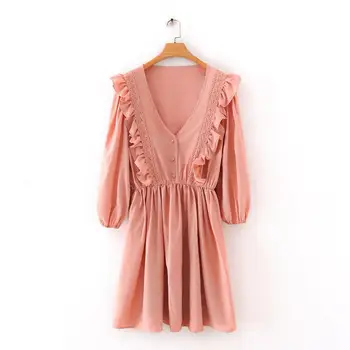 

2020 New Fashion Brand Women Dress Casual Summer Puff Sleeve Polyester Loose Above Knee, Mini Ruffles V-neck Solid Empire