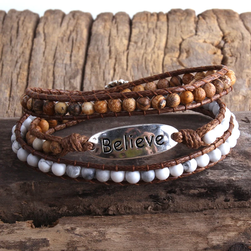 RH Fashion Boho Bracelet Armbander Believe Metal Charm Natural Stones 3 Strands Woven Wrap Bracelets Dropshipping | Украшения и