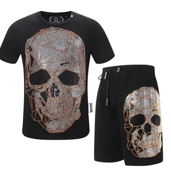 

2020 summer fashion PP new diamond personalized original skull color print cool slim shorts short t-shirt men's suit