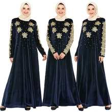 Винтажное женское бархатное платье с длинным рукавом, вышивка, Абая, мусульманский кафтан, бусины, джилбаб, халаты, арабские, исламские, с длинным рукавом, турецкие платья