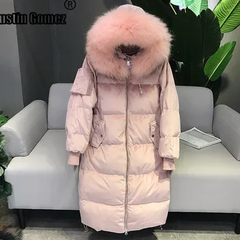 

High Quality Over the Knee Loose Real Raccoon Fur Duck Down Jacket Warm Windproof Women's Jacket Female Hooded Slim Solid Parkas