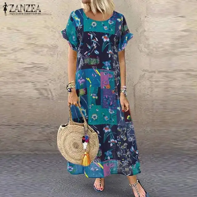 US $11.64 S 5XL ZANZEA Summer Bohemian Sundress 2020 Women Party Long Dress Casual Vintage Short Sleeve Flora