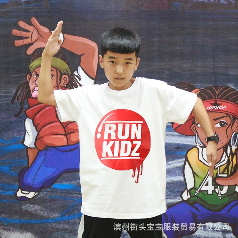 

Street Baby Children Hip Hop Training Stage Performance Uniforms Spring And Summer Cool Loose-Fit Short-sleeved T-shirt