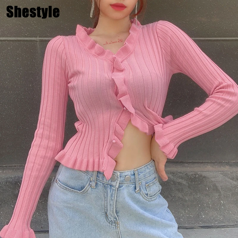 

Shestyle Pink Ruffles V Neck Crop Tops Women 2020 Autumn Basic Tees Texture Beading Button Up Vertical Stripes T Shirts