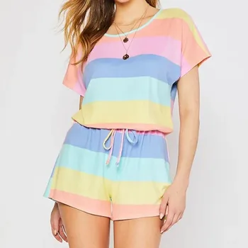 

Women Pajama Sets Stripe Print Short Sleeve Shorts Causal Cotton Pajamas Suit Multicolor Summer Home Clothes Sleepwear Pajamas