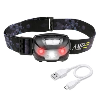 

Promotion! USB charging headlight LED headlight with red warning function outdoor waterproof running headlight